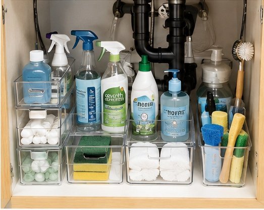 Stackable drawers under a kitchen sink organizing sponges, gloves, cleaning cloths, and small household supplies.