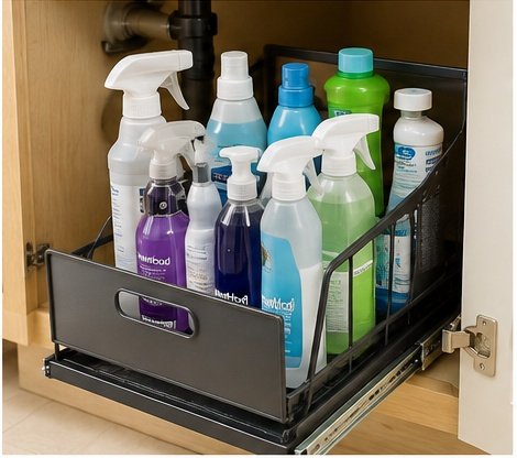 Pull-out organizer under a kitchen sink holding cleaning sprays and bottles for easy access.