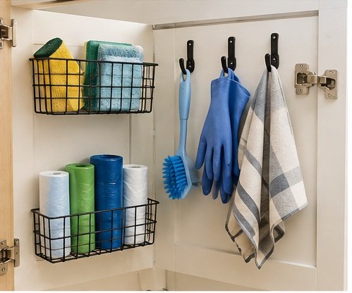 Under-sink cabinet door with mounted baskets and hooks holding sponges, gloves, brushes, and cleaning cloths.