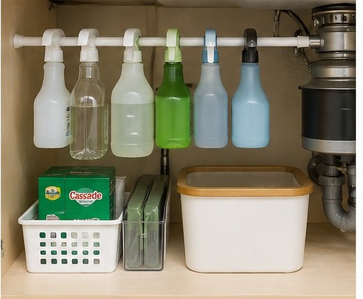 Spray bottles hanging from a tension rod under a kitchen sink with storage bins below.