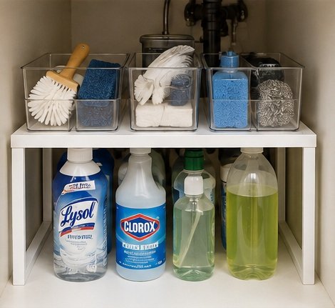 Small shelf under a kitchen sink creating a second level for cleaning supplies and storage bins.
