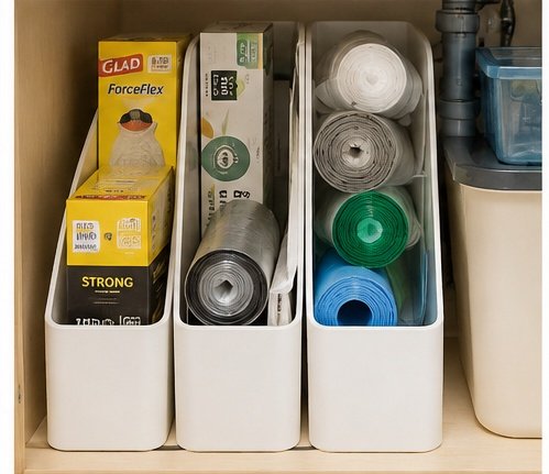 Trash bags stored vertically in narrow bins under a kitchen sink beside household supplies.