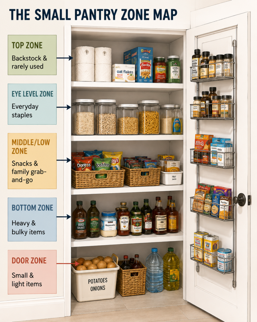 Small pantry organization zone map showing backstock on top, everyday staples at eye level, snacks lower down, heavy items at the bottom, and small items stored on the pantry door.