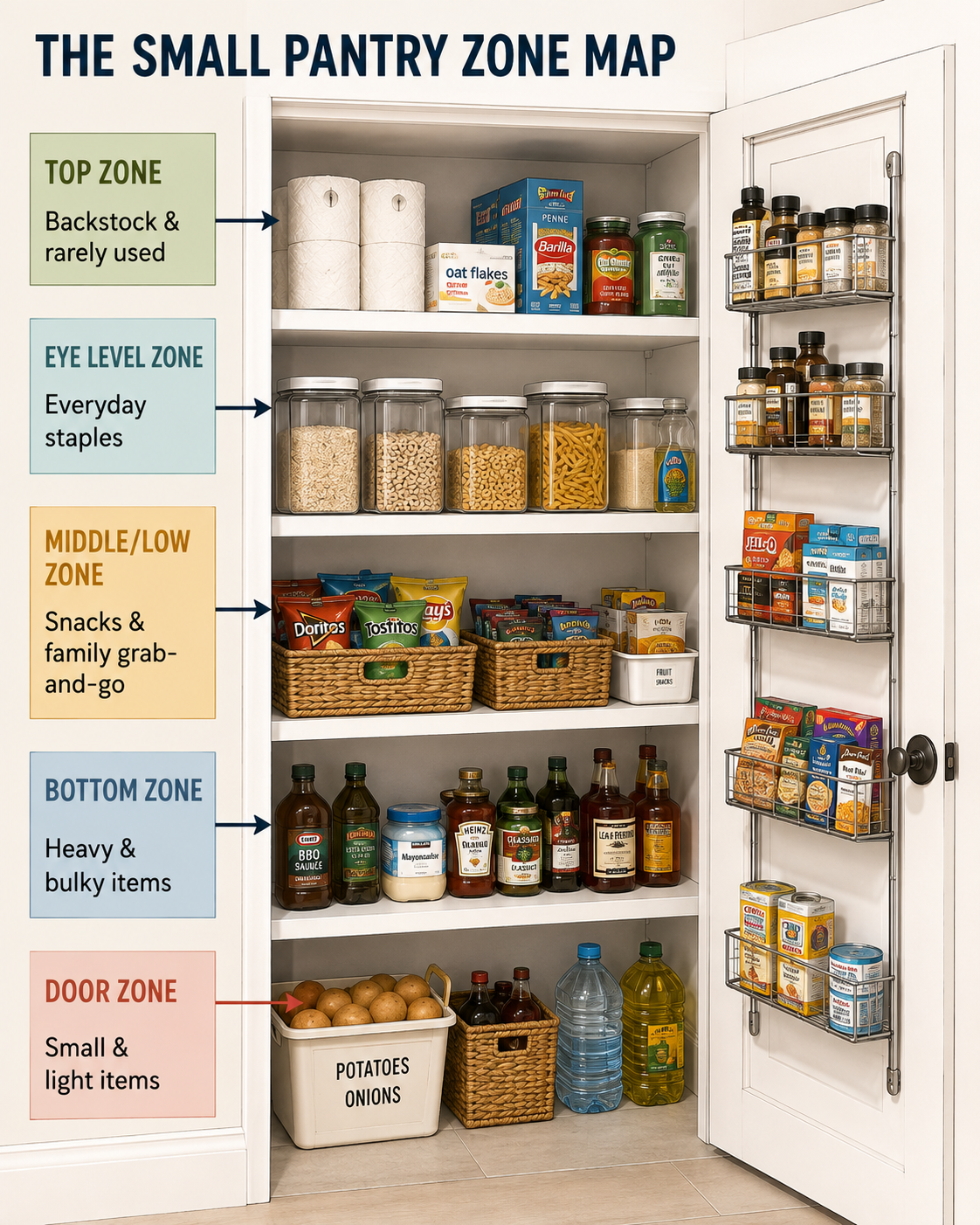 Small pantry organization zone map showing backstock on top, everyday staples at eye level, snacks lower down, heavy items at the bottom, and small items stored on the pantry door.