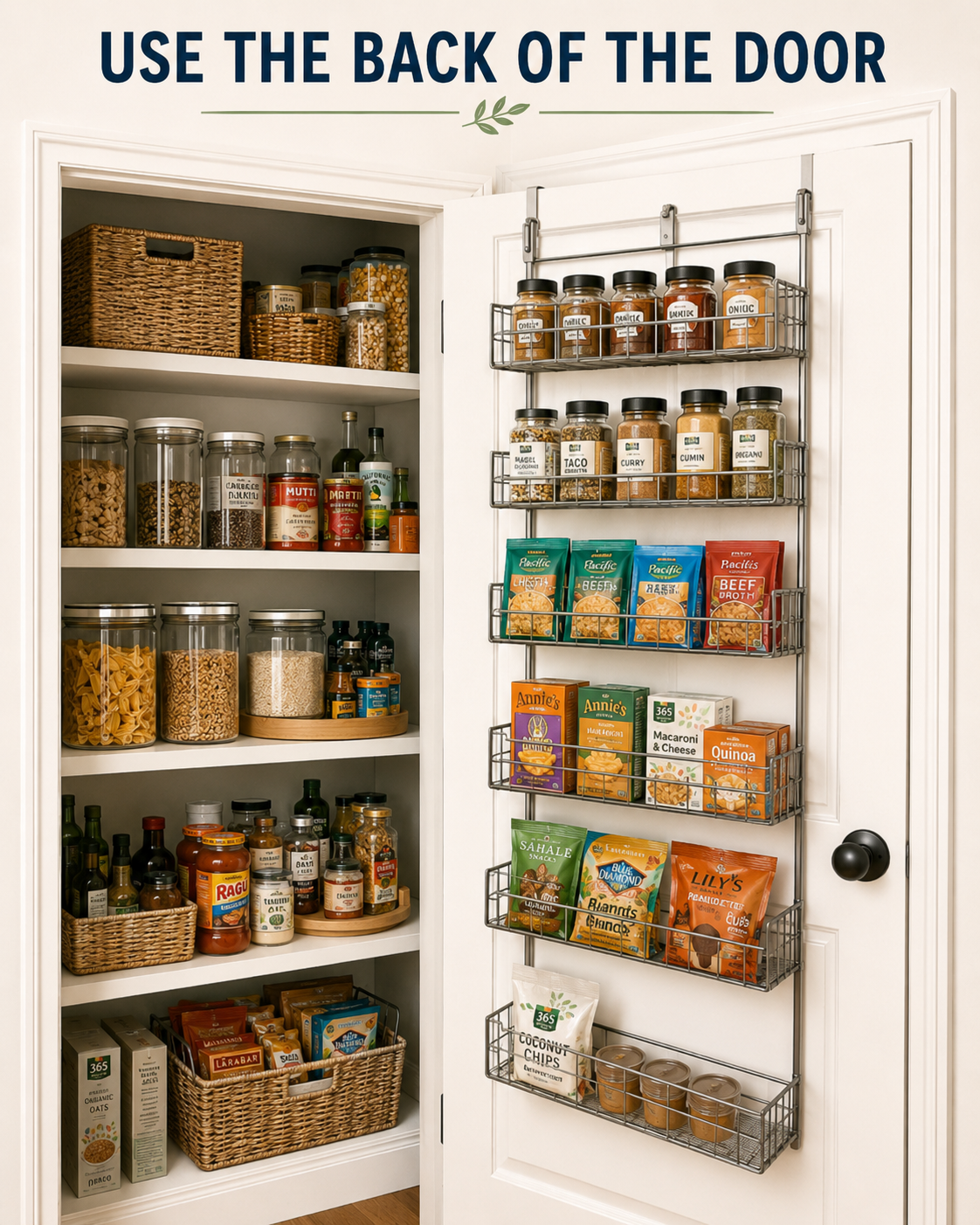 Small pantry with a multi-tier over-the-door organizer holding spices, snacks, boxed foods and other lightweight pantry items.