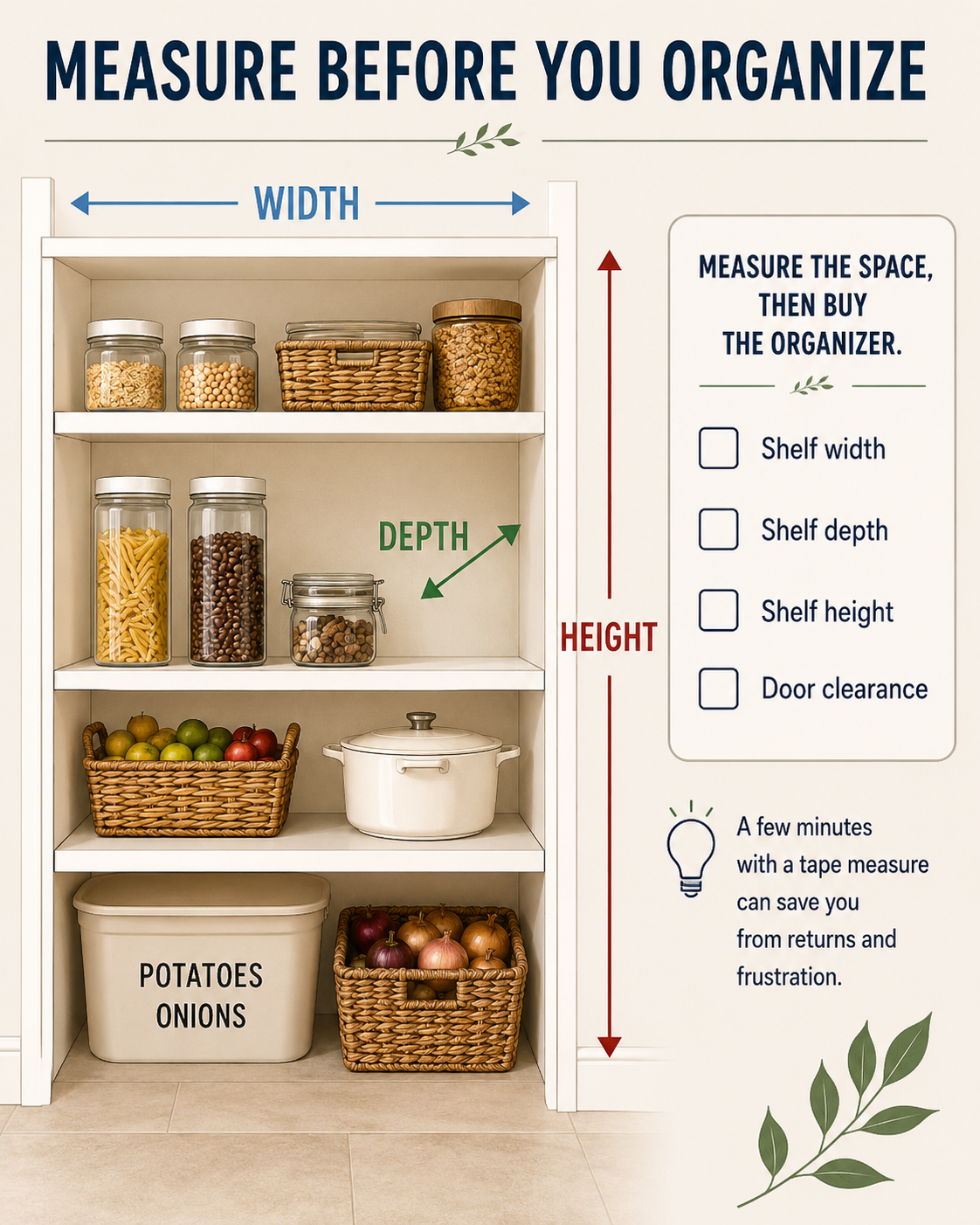Pantry measurement diagram showing shelf width, depth, height and door-clearance measurements to take before buying pantry organizers.