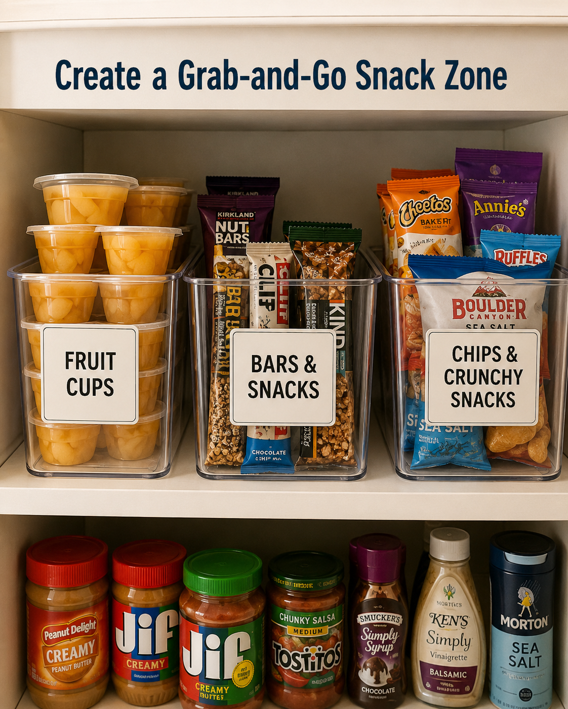 Organized pantry snack station with clear bins labeled for fruit cups, bars and snacks, and chips and crunchy snacks.