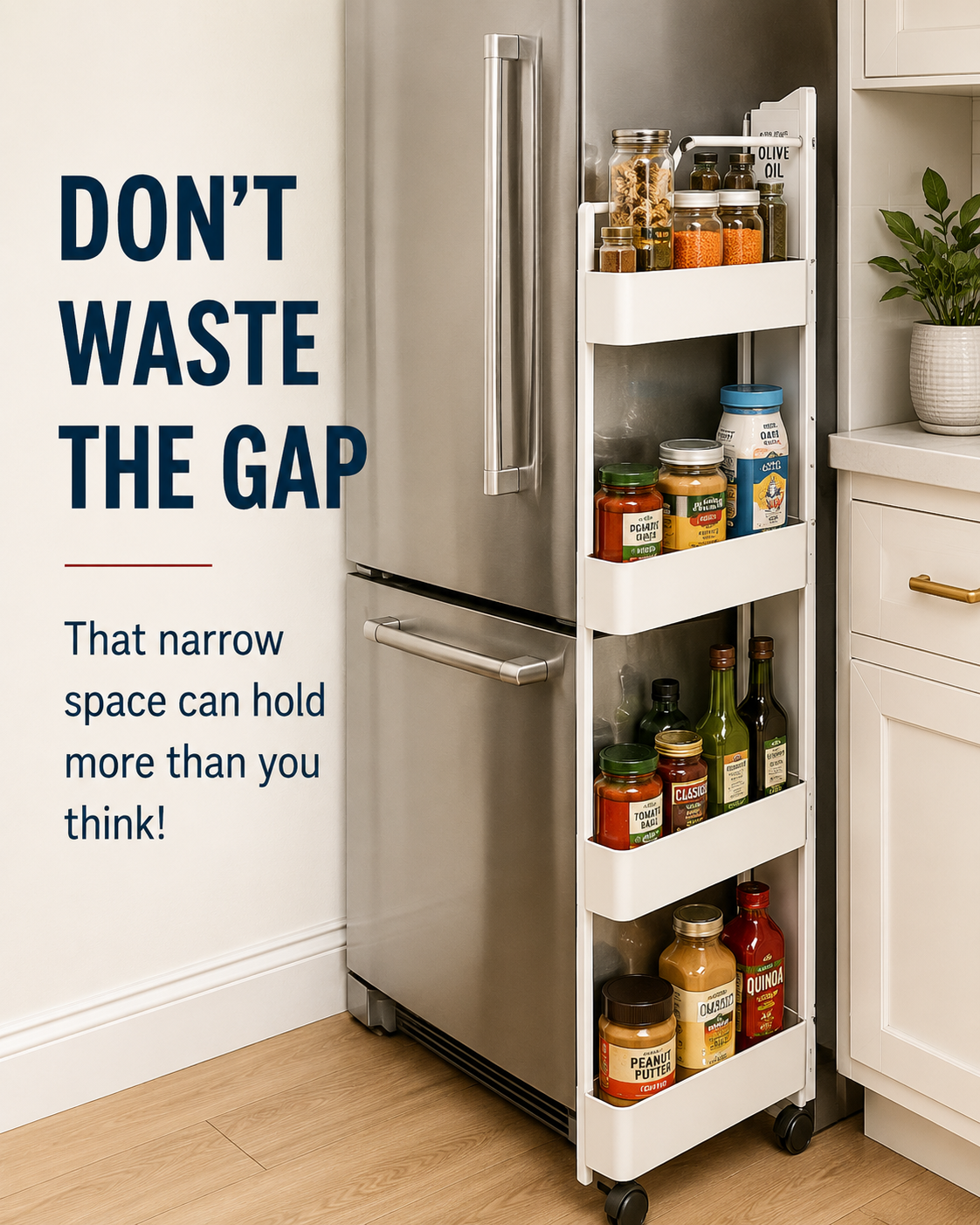 Slim rolling pantry cart fitted into a narrow gap beside a refrigerator and filled with bottles, jars and pantry staples.