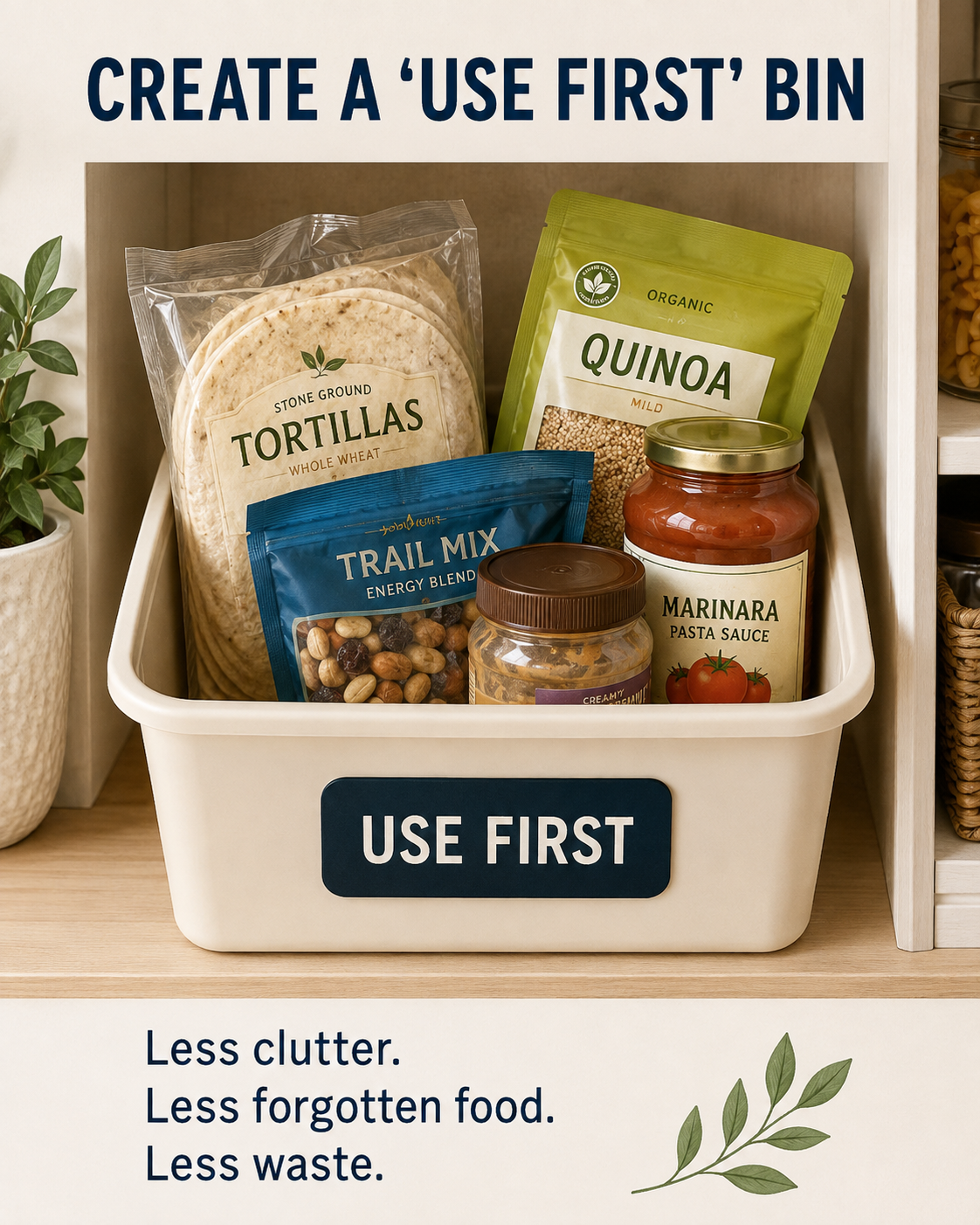 Pantry bin labeled Use First containing tortillas, trail mix, quinoa and pasta sauce to help reduce forgotten food and waste.