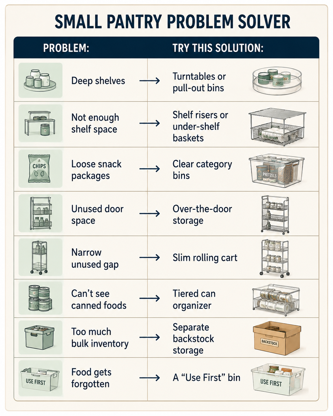Small pantry problem solver chart matching deep shelves, limited shelf space, loose snacks, unused door space, narrow gaps, canned foods, bulk inventory and forgotten food with organization solutions.