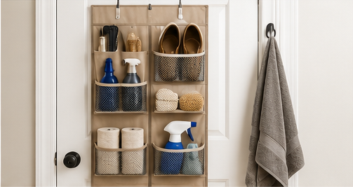 Back-of-door organizer holding shoes, cleaning supplies, accessories, and small household items.