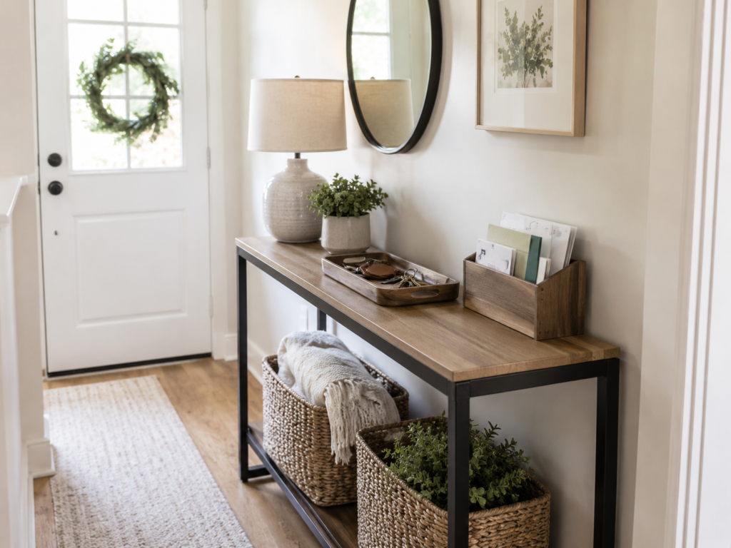 Slim entryway console table with key tray, mail organizer, lamp, mirror, and baskets underneath.