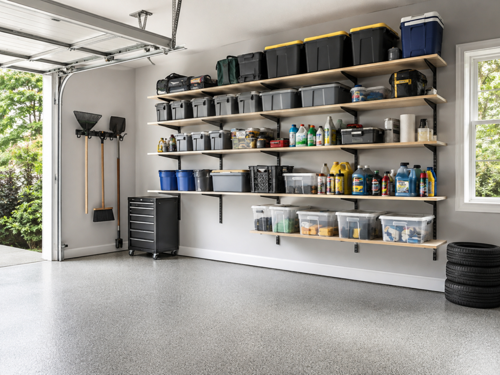 Small garage with wall-mounted shelves holding storage bins, household supplies, tools, and car-care products.