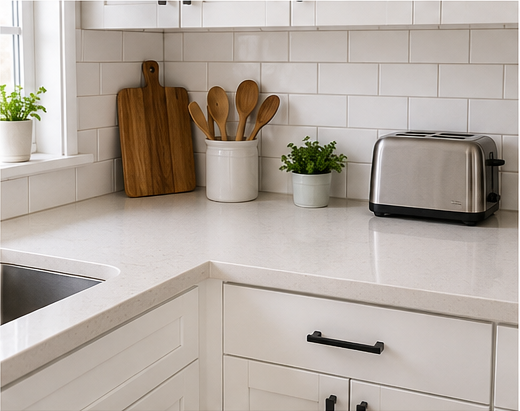 Small kitchen with clear functional countertops, a toaster, cutting boards, utensils, and minimal decor.