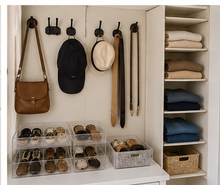 Closet accessories organized with wall hooks, clear bins, baskets, and shelving.