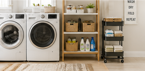 Compact laundry area with shelves, baskets, a rolling cart, and organized laundry supplies.