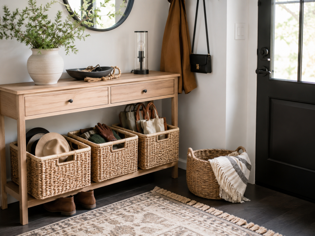 Entryway baskets organizing hats, gloves, reusable bags, scarves, and everyday accessories.
