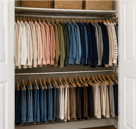 Small closet with double hanging rods creating two levels of organized clothing storage.