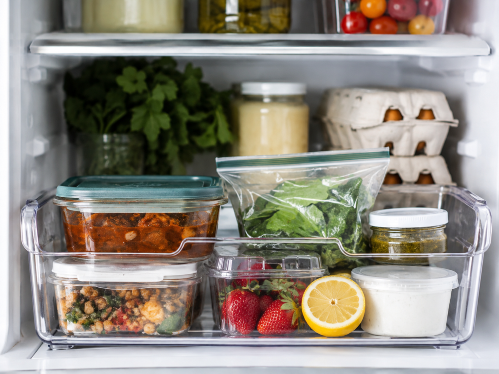 Refrigerator eat-first bin holding leftovers, produce, and opened foods that should be used soon.