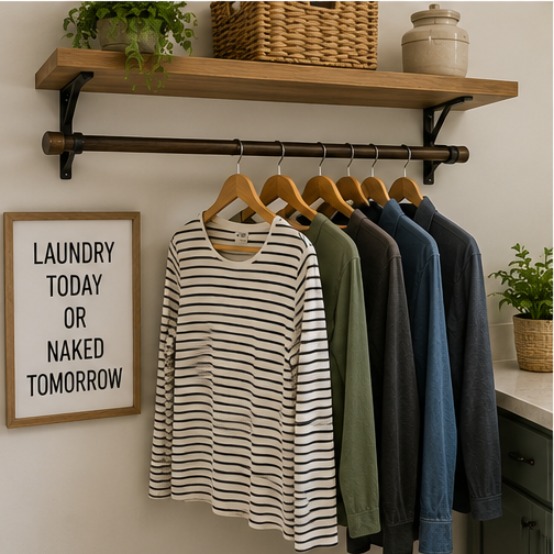 Hanging rod beneath a laundry room shelf with shirts hanging to air dry.