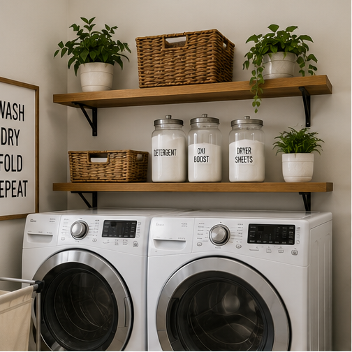 Small laundry room with wood shelves above a washer and dryer holding baskets, detergent, and laundry supplies.