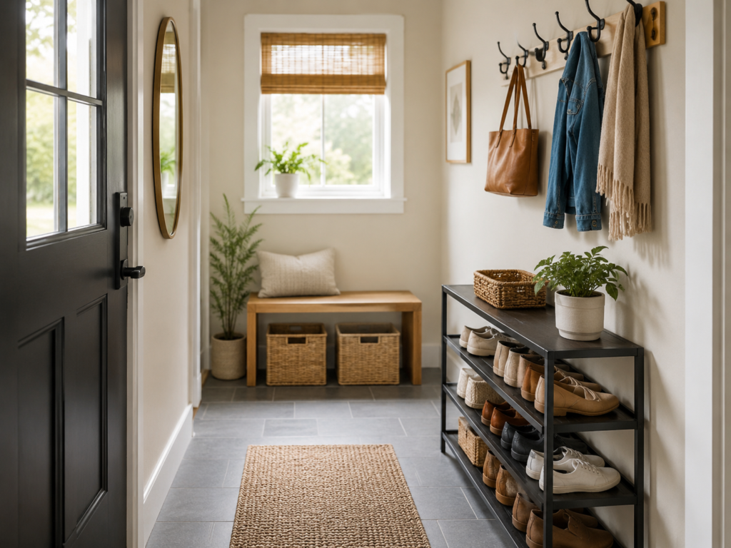 Finished small entryway with wall hooks, shoe storage, compact bench, baskets, mirror, and a clear walkway.