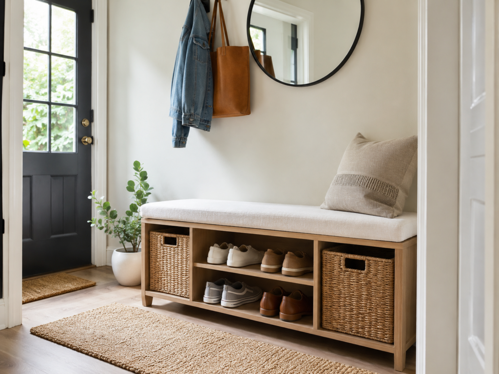 Compact entryway bench with shoe shelves and woven storage baskets underneath.