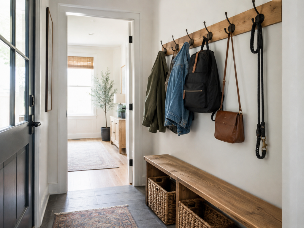 Small entryway with wall-mounted hooks holding jackets, backpacks, a purse, and a dog leash.