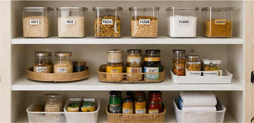 Small pantry organized with shelf risers, clear containers, turntables, jars, and storage bins.