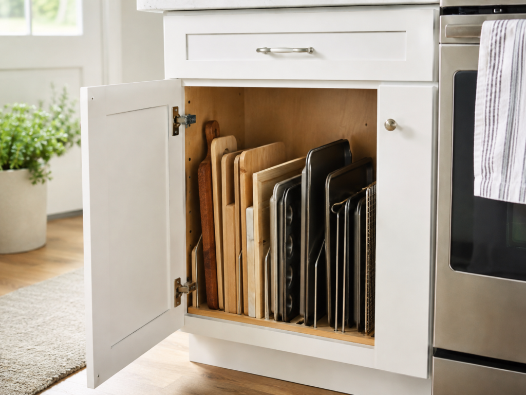 Cutting boards and baking sheets stored vertically with dividers inside a lower kitchen cabinet.
