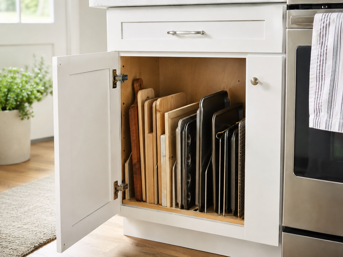 Cutting boards and baking sheets stored vertically with dividers inside a lower kitchen cabinet.