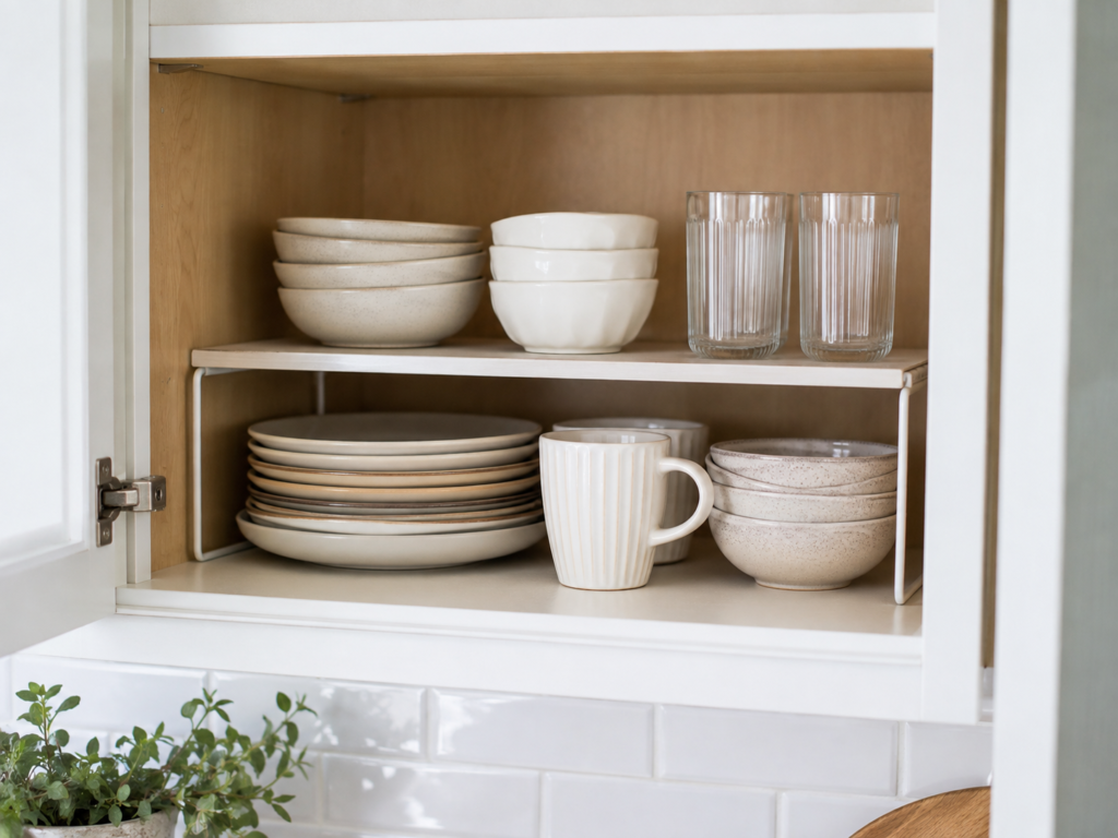 Shelf riser inside a kitchen cabinet creating two storage levels for plates, bowls, mugs, and glasses.
