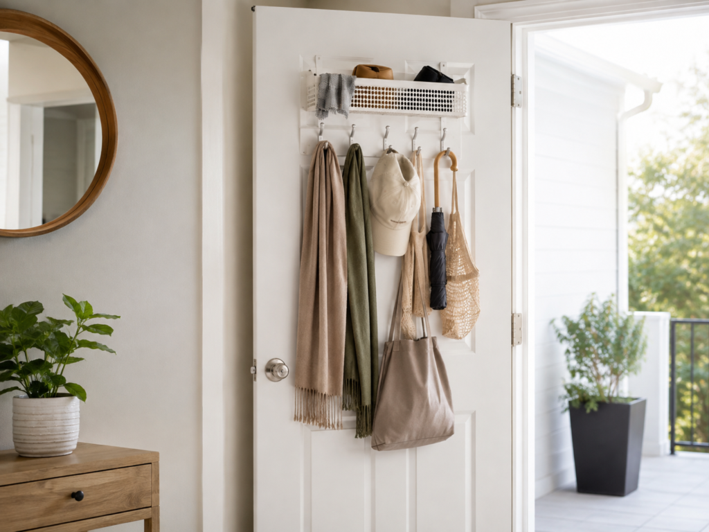 Back of entry door with hooks and a slim organizer holding scarves, hats, an umbrella, and reusable bags.