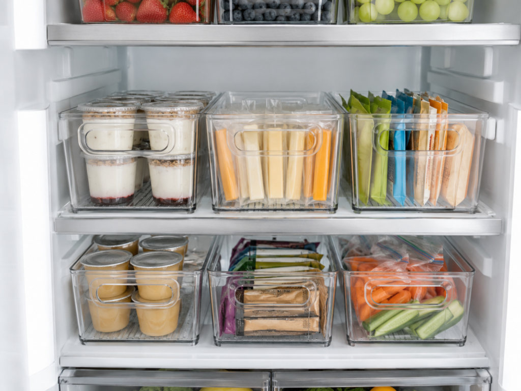 Clear refrigerator bins organizing yogurt, cheese, snacks, produce, and small food packages.