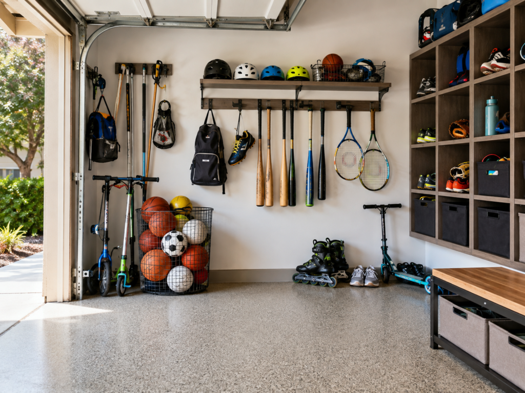 Garage sports equipment zone with balls, helmets, bats, rackets, scooters, shoes, and wall storage.