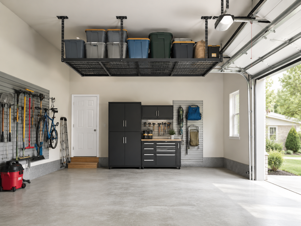Garage with overhead storage rack holding seasonal bins above a clear open floor.