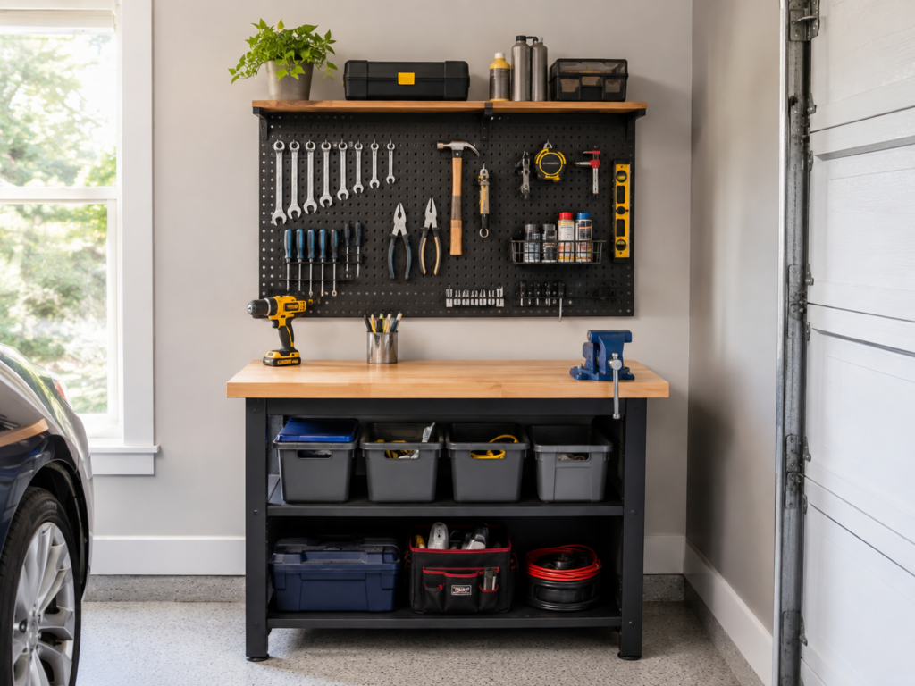 Compact garage workbench with pegboard tool storage and organized bins underneath.