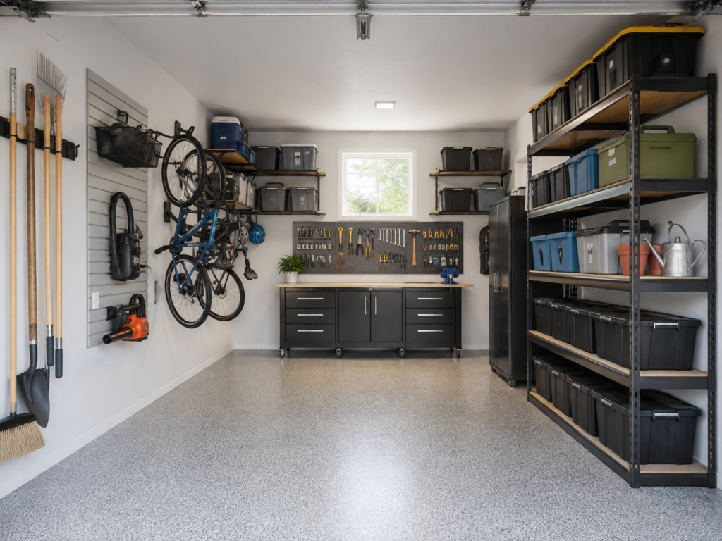 Finished small garage with wall storage, bikes, tools, shelving, bins, and clear floor space.