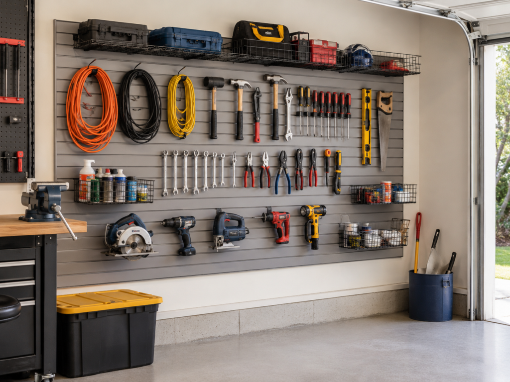 Garage tool wall with hand tools, power tools, extension cords, and small supplies organized on slatwall storage.