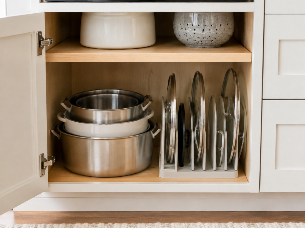 Nested pots with pot lids stored vertically in an organized lower kitchen cabinet.