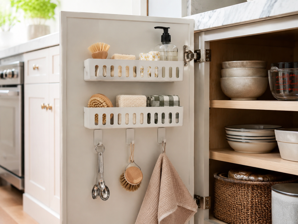 Kitchen cabinet door with mounted baskets and hooks holding brushes, cloths, measuring spoons, and small supplies.