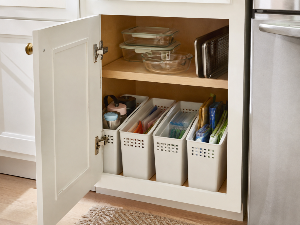 Narrow storage bins inside a kitchen cabinet organizing small food packets and kitchen supplies.