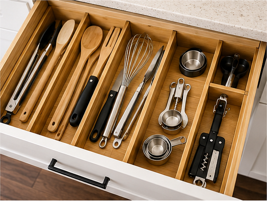 Organized kitchen drawer with adjustable dividers separating utensils, measuring tools, and small kitchen accessories.