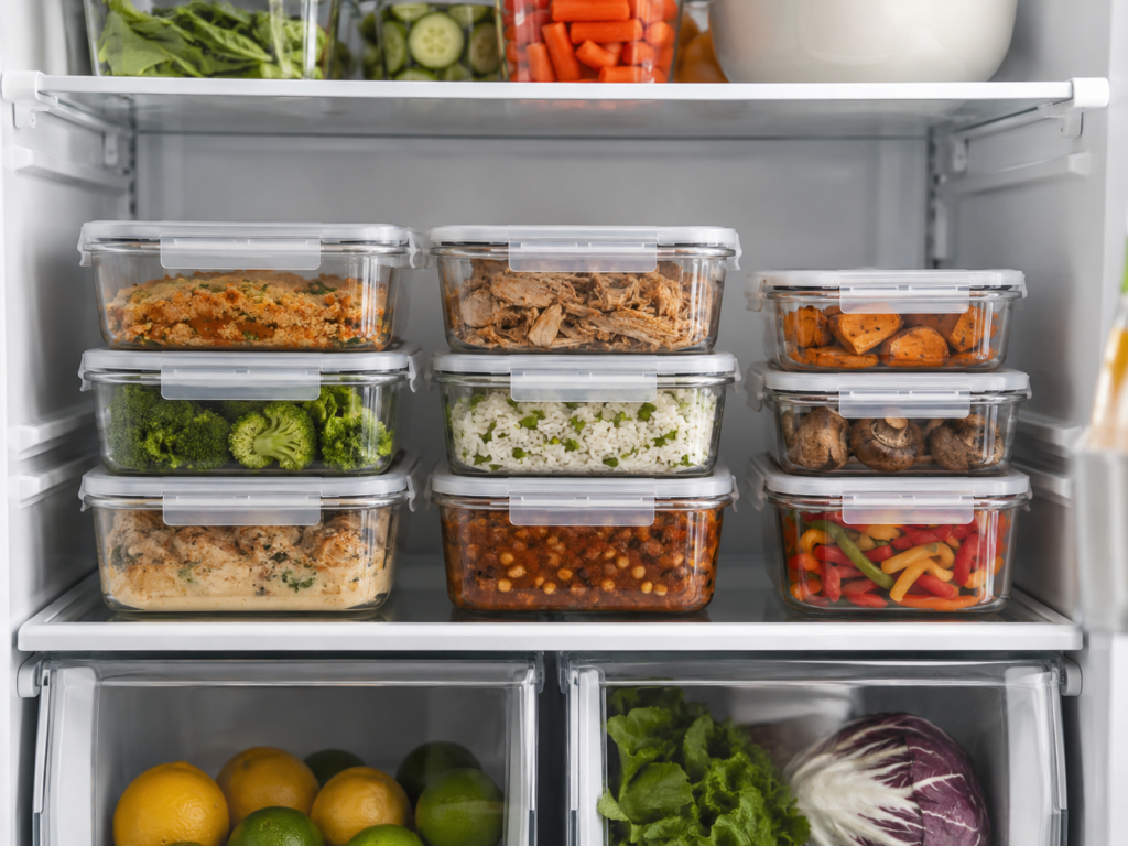 Refrigerator shelf with clear containers holding organized leftovers and meal-prep foods.