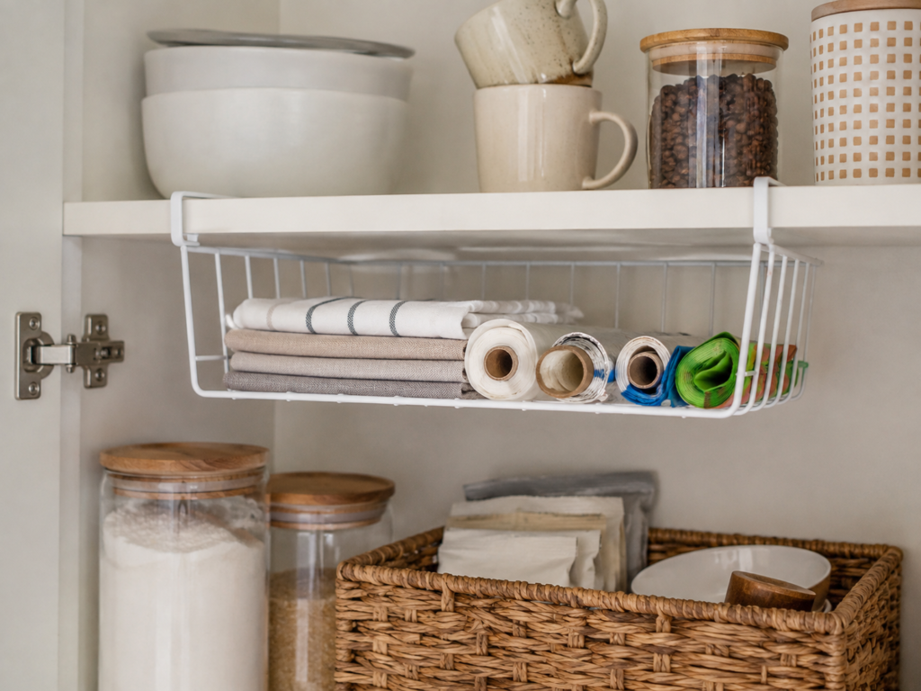 Under-shelf basket inside a kitchen cabinet holding towels and lightweight kitchen supplies.