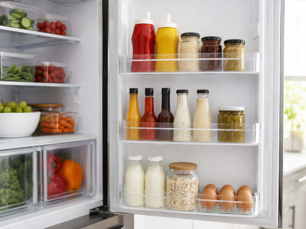 Refrigerator door shelves organized with condiments, sauces, breakfast items, jars, and bottles grouped by category.