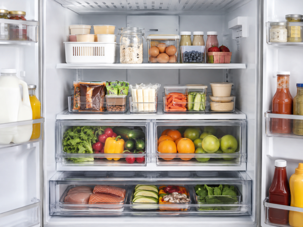 Organized refrigerator with separate zones for breakfast foods, snacks, produce, drinks, and meal ingredients.
