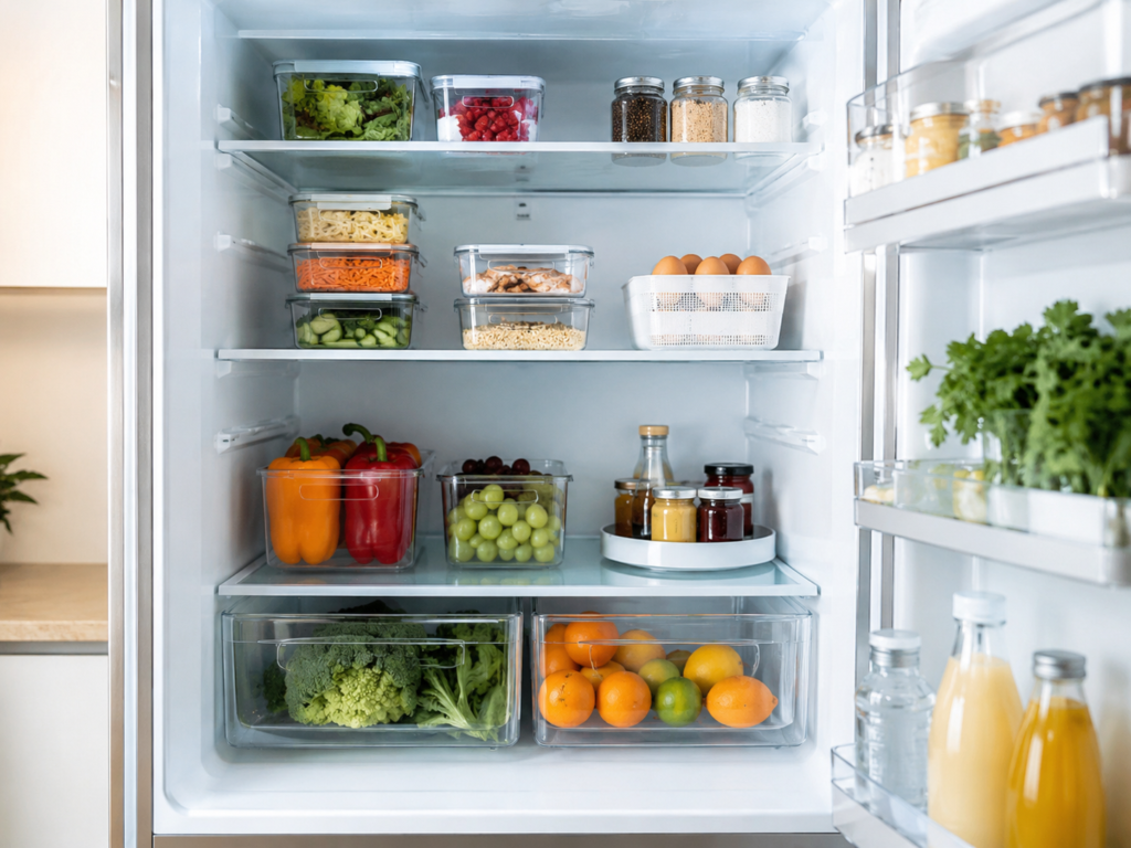 Clean organized refrigerator with clear containers, produce, leftovers, condiments, and open shelf space.