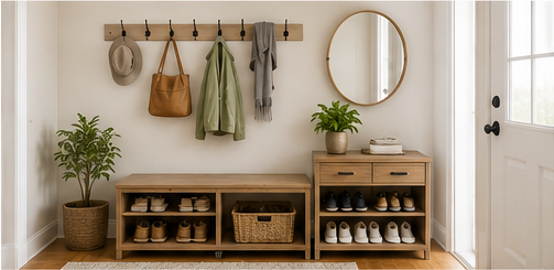 Organized small-home entryway with wall hooks, shoe storage, baskets, mirror, and a clear walkway.