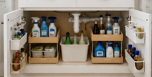 Organized under-sink cabinet with pull-out bins, door storage, cleaning supplies, and containers arranged around plumbing.